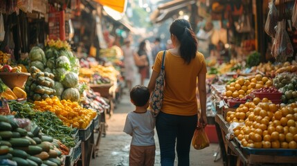 Obraz premium A single parent with their child exploring a local market