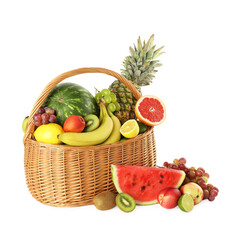 Many fresh ripe fruits in basket isolated on white