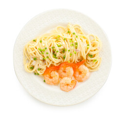 Delicious pasta with shrimps and green onions isolated on white, top view