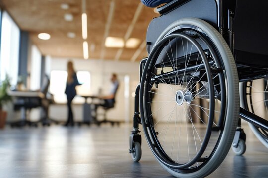 concept of inclusive office, low view angle of wheelchair in the modern and disablity friendly
