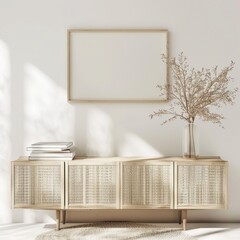 Minimalist living room interior background, natural wooden sideboard with decor, empty frame mockup on white wall,