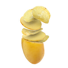 Raw potato turning into tasty crispy chips in air on white background