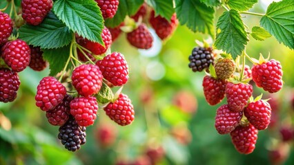Red blackberries hanging from a lush green bush , Red, blackberries, berries, bush, fruit, fresh, ripe, juicy, summer