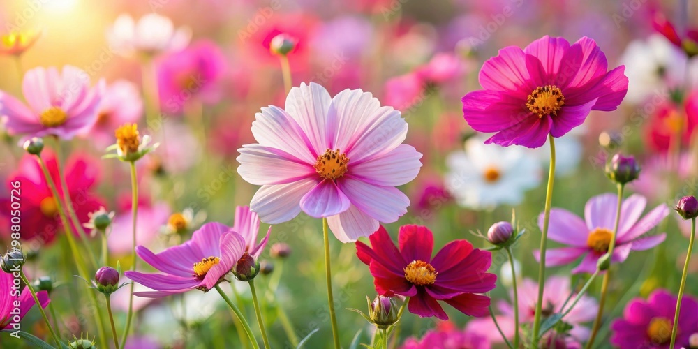 Wall mural vibrant cosmos flowers blooming in a beautiful garden , cosmos, flowers, garden, vibrant, blooming, 