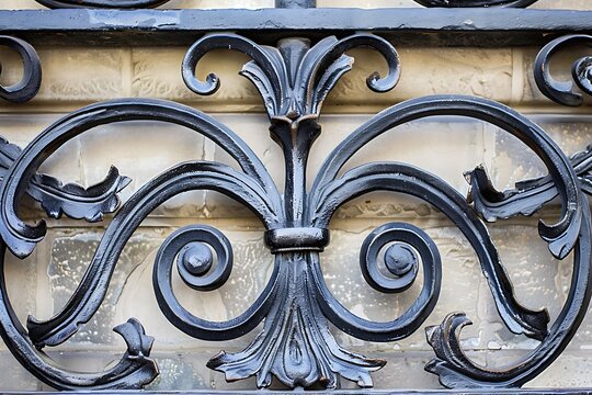 Detail of a black wrought iron fence on a street in Paris