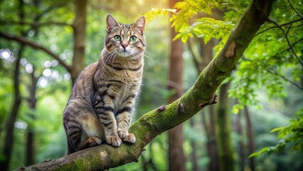 Fototapeta premium Cat sitting on a tree branch in a forest, feline, nature, wildlife, relaxation, cute, furry, whiskers, domestic animal