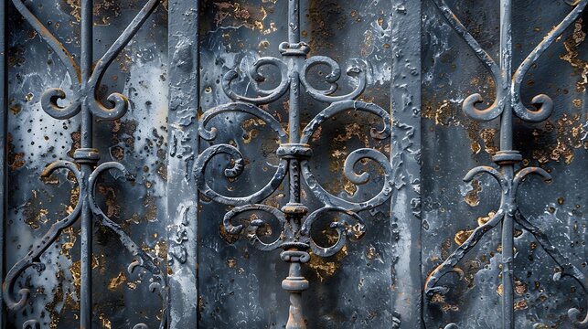 Detail of a black wrought iron fence on a street in Paris