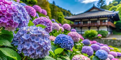 Obraz premium Hydrangeas in full bloom at a famous Kyoto garden, Kyoto, Japan, hydrangeas, flowers, garden, nature, botanical