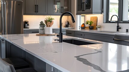A showcase of current kitchen trends, including quartz countertops and black fixtures