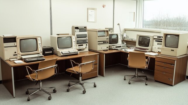 Vintage Office Space with Retro Computers and Desks
