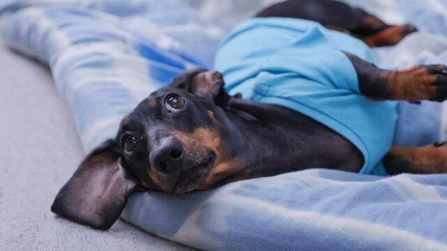 Guilty funny face of dachshund dog lies on the bed with innocent look, embarrassedly turns away his head feeling guilty. Humor prank of a pet, domestic disturbances, torn toys flying padding polyester