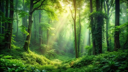 Obraz premium Lush green leaves in a dense forest setting, nature, foliage, trees, greenery, flora, outdoors, environment, wilderness