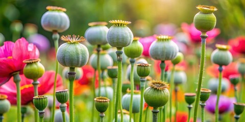 Obraz premium Papaver somniferum plant with colorful flowers and seed pods , opium poppy