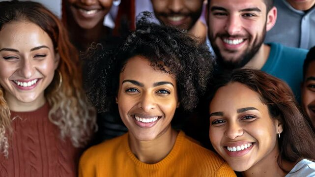 A lively group portrait of diverse young adults smiling together, showcasing inclusivity and friendship. Their warm expressions and casual attire highlight joy and connection.