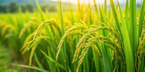 Close-up of a lush green rice plant in a paddy field in India , Rice, paddy, plant, field, agriculture, crop, grain