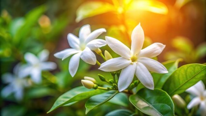 Fototapeta premium Close up of beautiful Jasminum sambac flower blooming in full glory, fragrant, ingredient, perfume