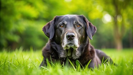 Black old dog lying contently on lush green meadow, dog, black, old, happy, content, lying, meadow, grass, serene, peaceful
