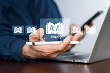 E-library concept. Person use laptop with virtual E-book icons for electronic books online