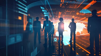 A futuristic scene shows diverse business professionals silhouetted against glowing digital interfaces. Vibrant blue and orange hues symbolize innovation, teamwork, and growth in the digital age.