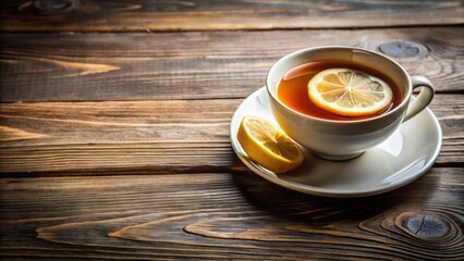 Obraz premium Chinese tea in cup with lemon on wooden table on brown background, Chinese tea, cup, lemon, wooden table