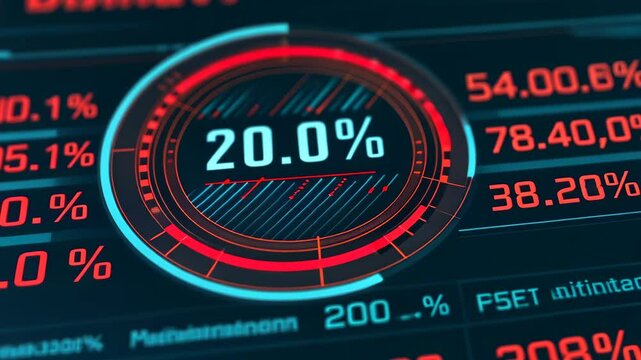 A vibrant digital interface features a central gauge at 20.0, surrounded by radial designs and a matrix of numeric data, reflecting advanced analytics and technology themes.