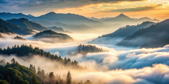 Misty fog rolling through the mountains , mist, vapor, haze, atmospheric, scenery, nature, landscape, clouds, misty, peaks
