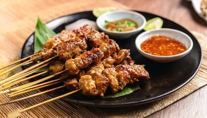 Grilled Pork Skewers with Dipping Sauces on a Rustic Wooden Table