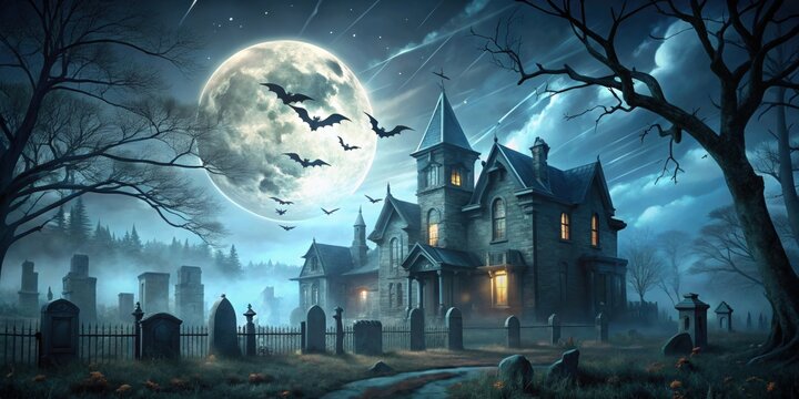 Spooky graveyard and gothic mansion at night with bats flying under a creepy moon, casting an eerie glow on the haunted house
