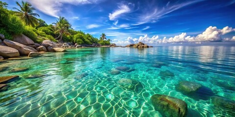 Obraz premium Tropical sea with crystal clear water and smooth rocks , turquoise, paradise, beach, exotic, serene, ocean, waves