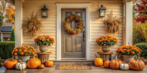 Stylish autumn farmhouse entrance with rustic wreath, pumpkins, and flower pots , autumn, decor, farmhouse, entrance