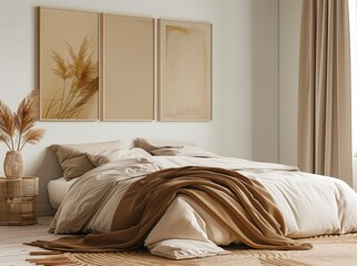 A cozy bedroom with a bed dressed in cream-colored linens and a brown throw blanket. The room is decorated in a minimalist style with a wicker side table and a vase of dried flowers framed prints wall