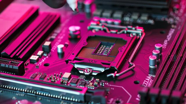 A close-up a gloved hand applying thermal paste to a vibrant computer motherboard. Intricate circuitry glows pink, highlighting precision in technology and electronics.