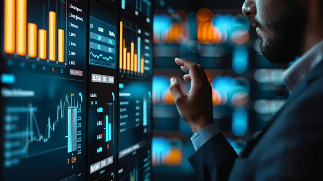 A business professional analyzes vibrant orange and blue data visualizations on a digital interface, focusing on stock market trends in a modern, tech-driven environment.
