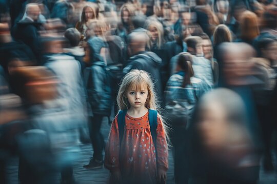 A girl walking through a crowded city with motion blur around her, emphasizing her feeling lost and detached from everyone