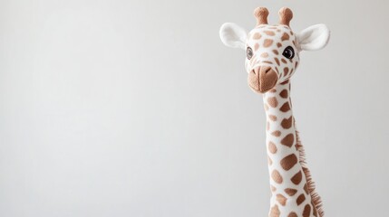 Obraz premium A plush giraffe toy stands against a light background, ideal for children's decor or playtime.