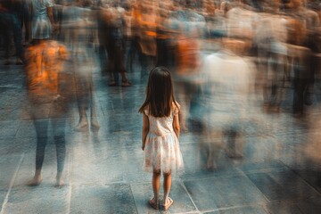 A girl standing at a sidewalk with blurry figures rushing around her, symbolizing confusion and uncertainty in her life