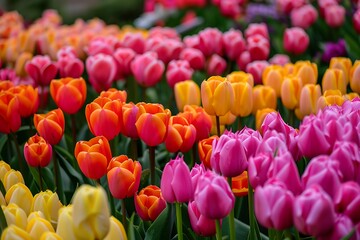 Colorful tulips blooming in Keukenhof park in Netherlands