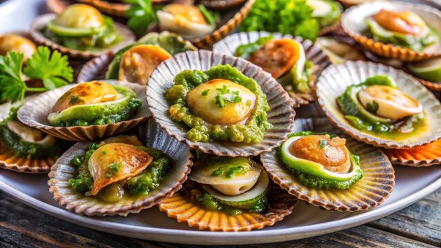Close-up of fresh lapas or true limpets with green moyo