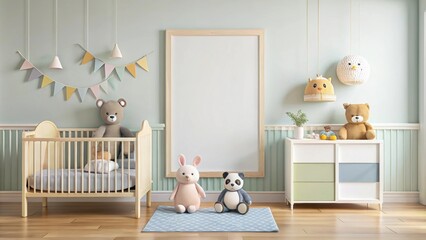 Mockup poster featuring cute animals and pastel colors in nursery room, mockup, poster, cute, animals, pastel colors, nursery room