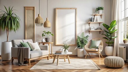 Scandinavian Bohemian style home interior with poster mockup in render, Scandinavian, Bohemian, style, home interior, poster