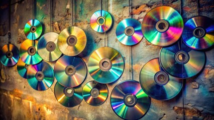Old damaged CDs hanging on a background wall , retro, vintage, music, background, wall, CDs, disc, scratched