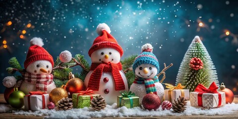 Colorful winter holiday scene with snowmen, gifts, and festive ornaments on dark background, winter, holiday, scene, snowmen
