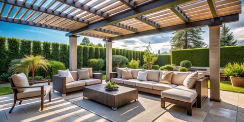 Fototapeta premium Cozy outdoor patio with comfortable sofas, table, and pergola shade, patio, outdoor, cozy, sofas, table, pergola