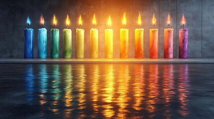 A row of colorful candles illuminates the surface of a still pool of water with their warm glow