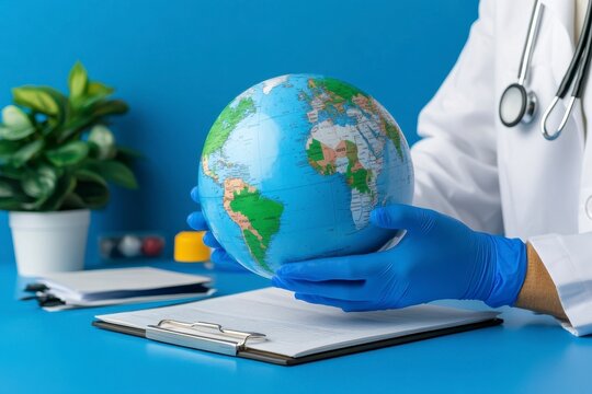 Medical tourism hub concept, doctor in gloves discussing patient care, healthcare services, international medical travel opportunities, wellness solutions