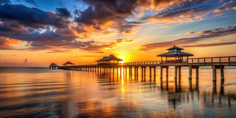 Obraz premium Sunset view of Fort Myers Pier in Florida, USA , pier, sunset, Florida, water, ocean, dusk, twilight, sky, clouds