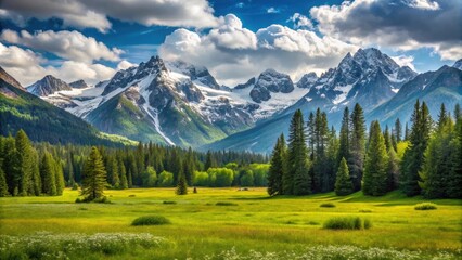Lush alpine meadow surrounded by snowy mountains , tranquil, green, beautiful, nature, landscape, scenic, wilderness, wildflowers