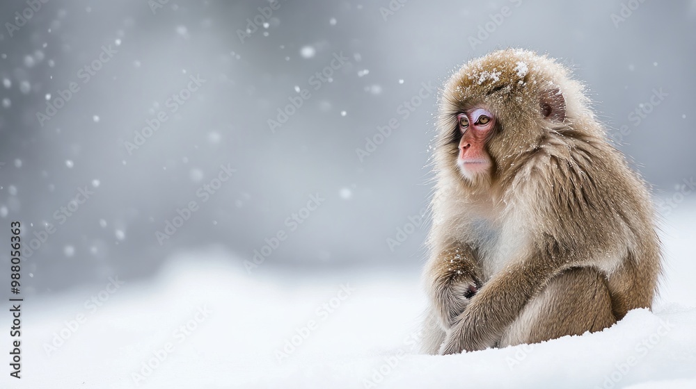 Wall mural A solitary monkey sits in the snow, surrounded by a serene winter landscape.