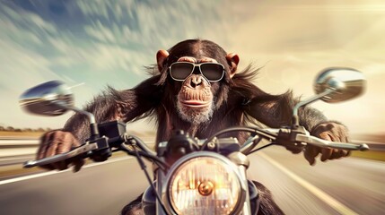 Obraz premium A daring monkey, clad in sunglasses, zooms down a highway on a sleek superbike, showcasing unexpected skills and a thirst for adventure