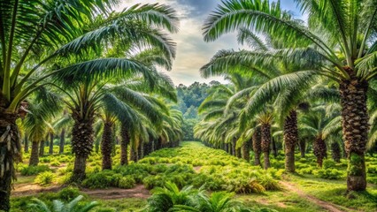 Obraz premium Oil palm farm with spreading leaves growing in a thicket of tropical plants , oil palm, cultivation, exotic crop